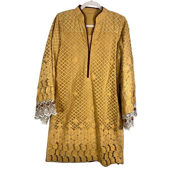 Handmade Floral Kurti Tunic M Yellow Mesh Asian Kameez Ornate Beaded Lace Artsy - Picture 1 of 12